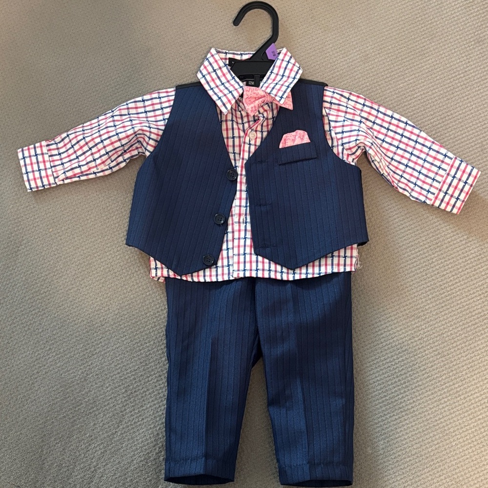 Baby Andrew Fezza Navy Vest and Pants with Checkered Shirt Set